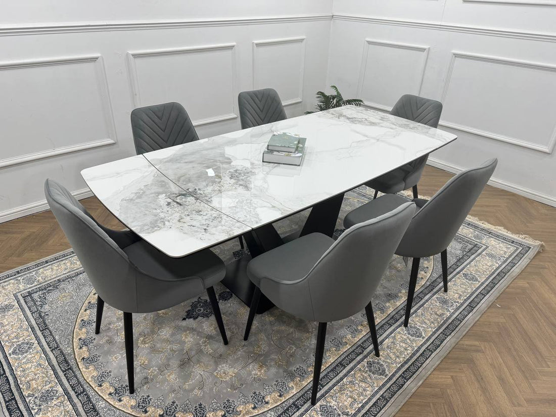 Bellaro Luxury Extendable Marble-Effect Dining Set – 6 or 8 Grey Chairs