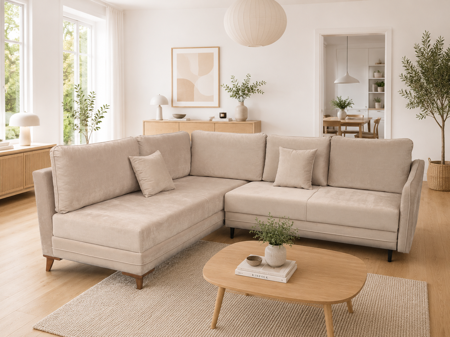Q&P Furniture Oxford Corner Sofa Bed with Storage, modern fabric corner sofa with built-in storage compartment
