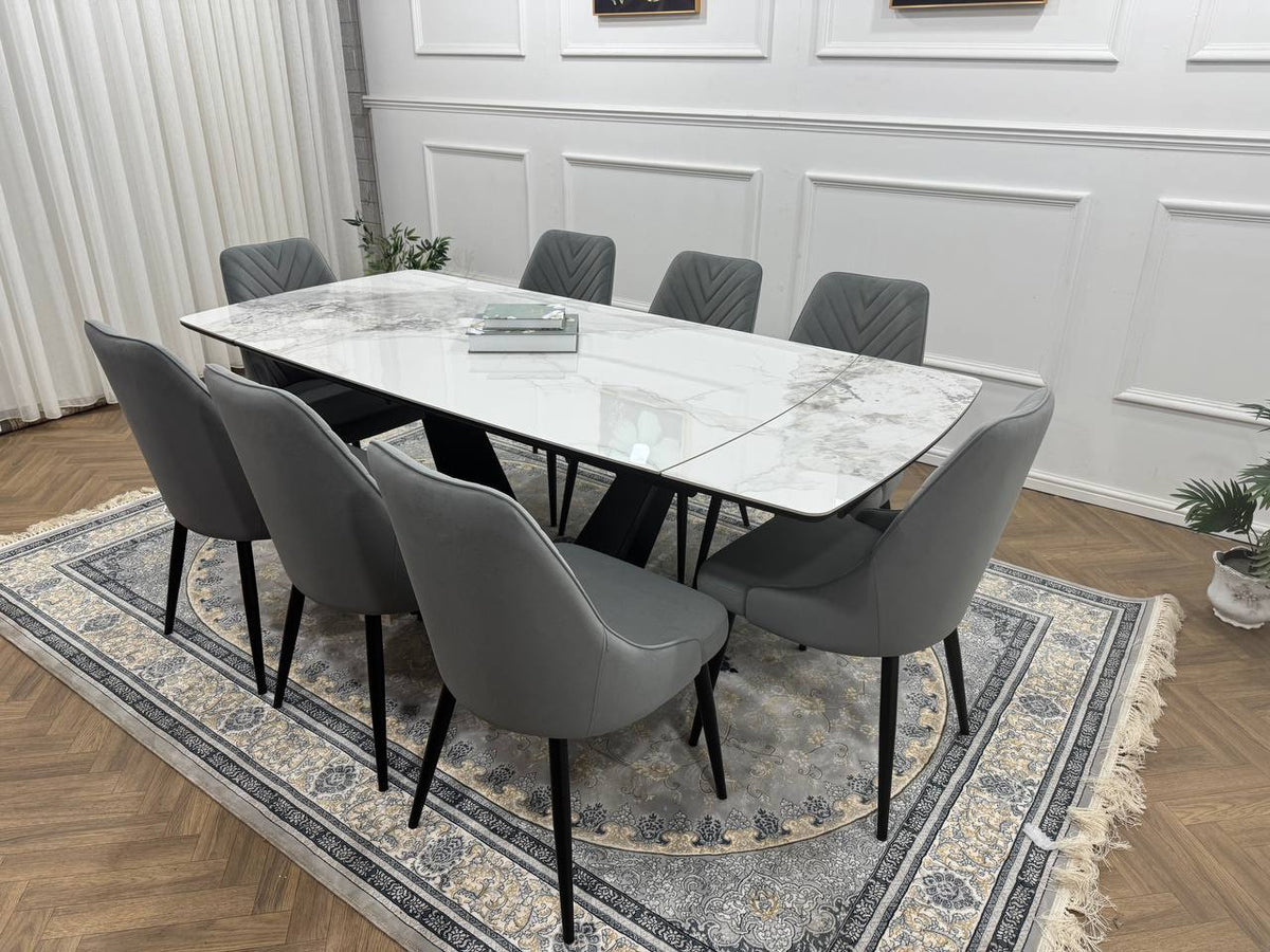 Bellaro Luxury Extendable Marble-Effect Dining Set – 6 or 8 Grey Chairs