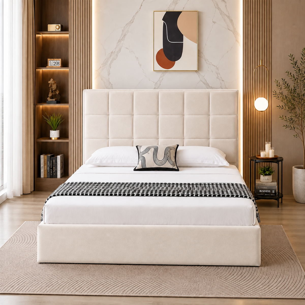 Light Gray Velora Panel Upholstered Storage Bed – Modern Grey & Beige Bed with Hydraulic Lift