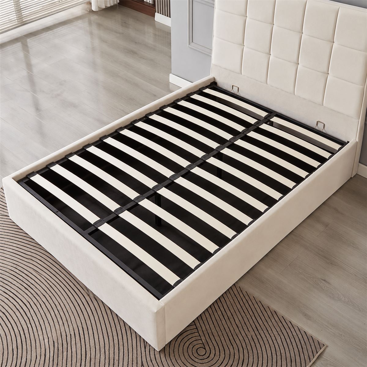 Gray Velora Panel Upholstered Storage Bed – Modern Grey & Beige Bed with Hydraulic Lift