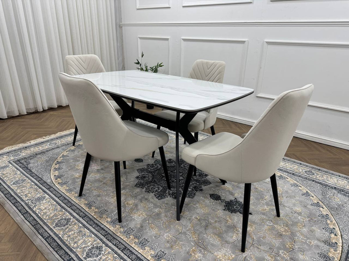 Rovella Luxury Marble-Effect Dining Set – 4 or 6 Grey Chairs