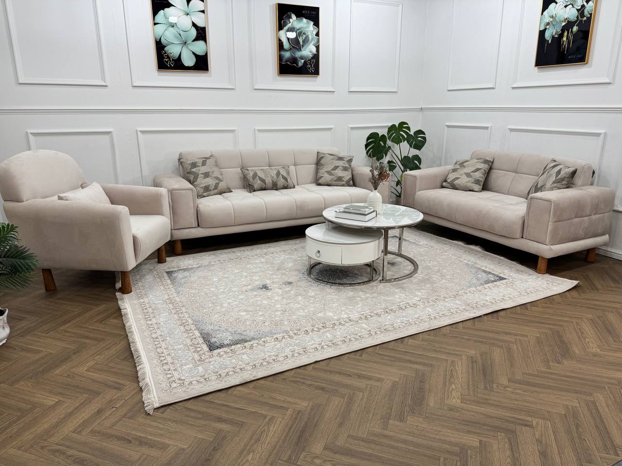 Q&P Furniture Flora velvet sofa set with plush fabric cushions and modern design, shown in a stylish living room setting.