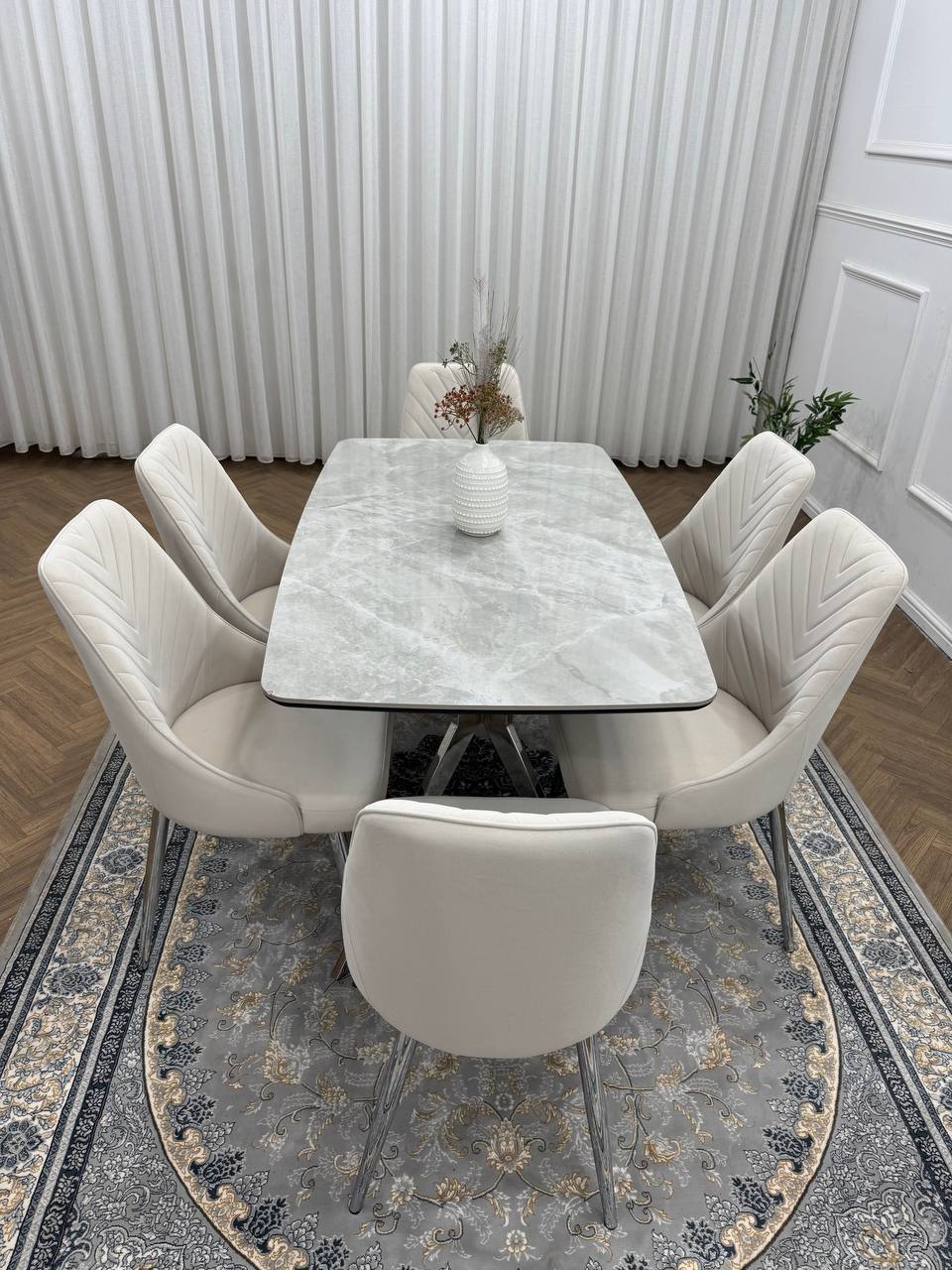 Savello Luxury Grey Marble-Effect Dining Set – 4 or 6 Beige or Grey Chairs