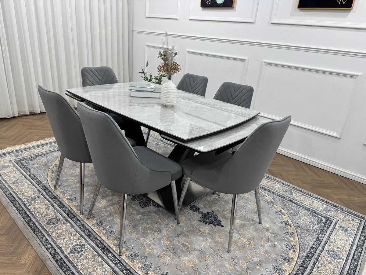 Roma Luxury Extendable Grey Marble-Effect Dining Table Set with 6 or 8 Grey Chairs