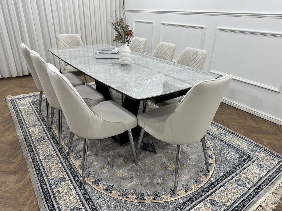 Roma Luxury Extendable Grey Marble-Effect Dining Table Set with 6 or 8 Grey Chairs