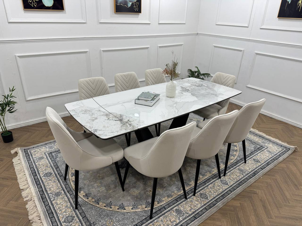 Bellaro Luxury Extendable Marble-Effect Dining Set – 6 or 8 Grey Chairs