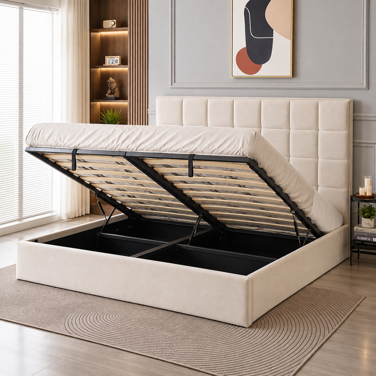 White Smoke Velora Panel Upholstered Storage Bed – Modern Grey & Beige Bed with Hydraulic Lift