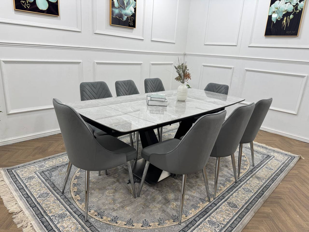 Roma Luxury Extendable Grey Marble-Effect Dining Table Set with 6 or 8 Grey Chairs
