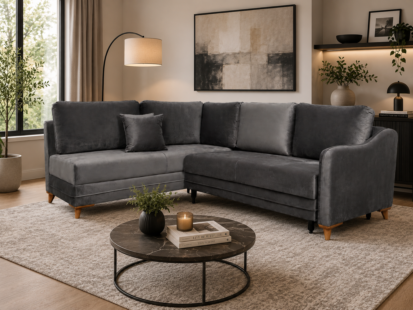 Q&P Furniture Oxford corner sofa bed with storage, featuring plush cushions and a modern design in a cozy living room setting.