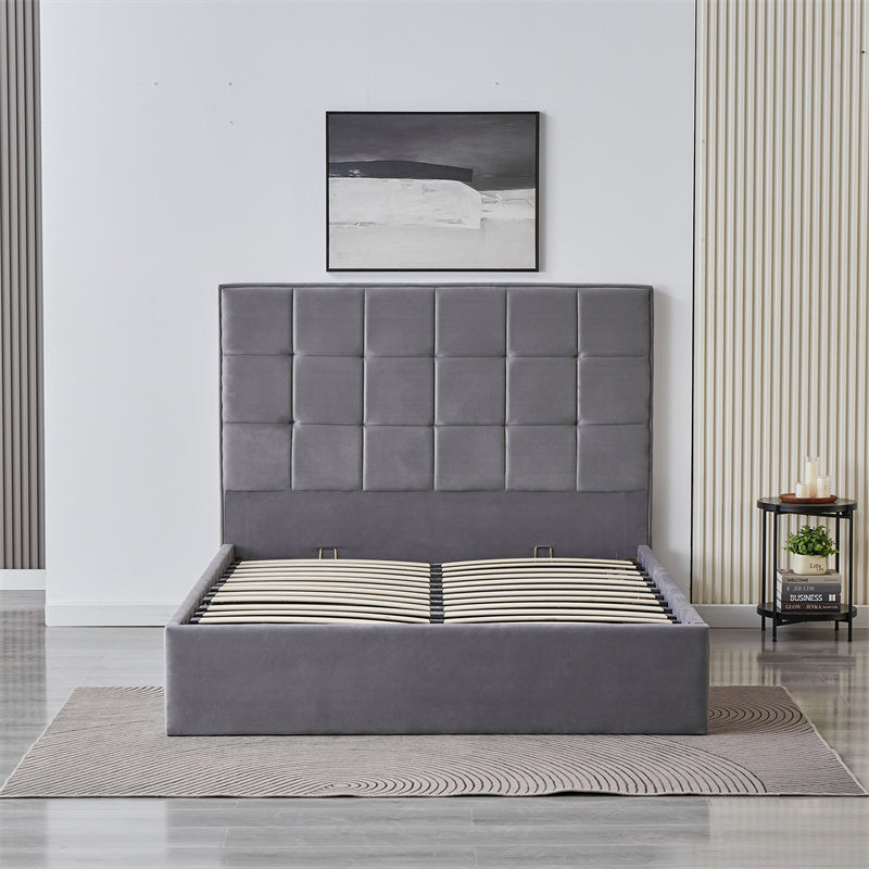 Cube Square Velvet Ottoman Storage Bed Frame with Gas Lift Storage