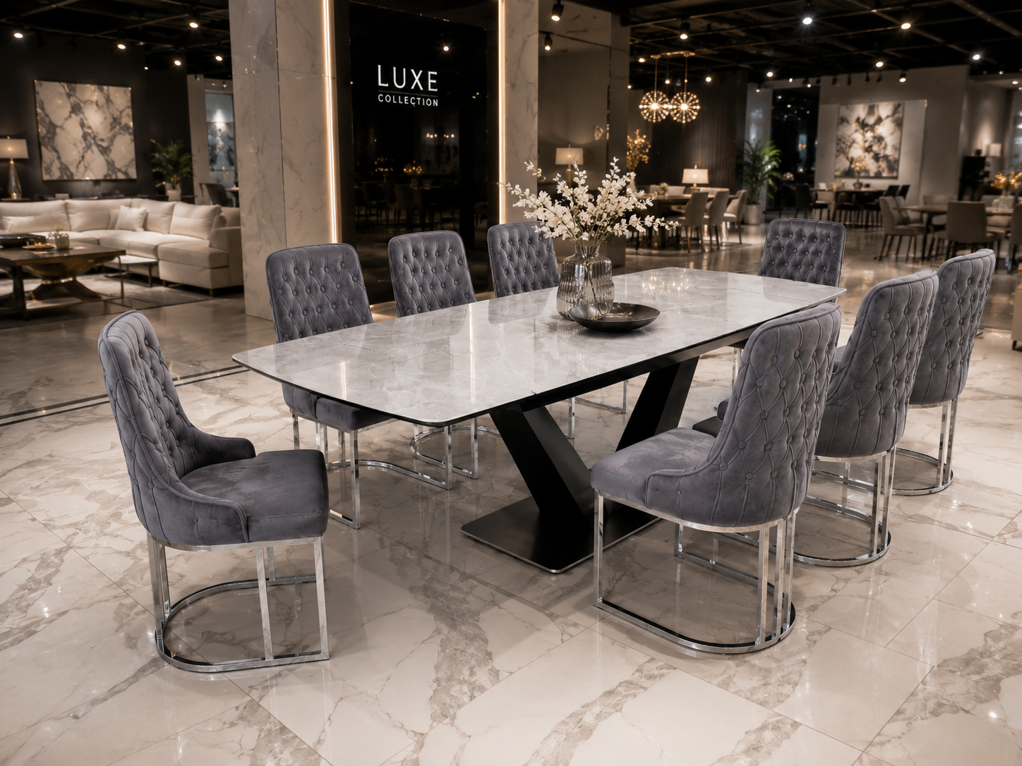 Q&P Furniture Lumia extendable dining table set with polished wooden surface and sturdy legs, ideal for family meals and gatherings.