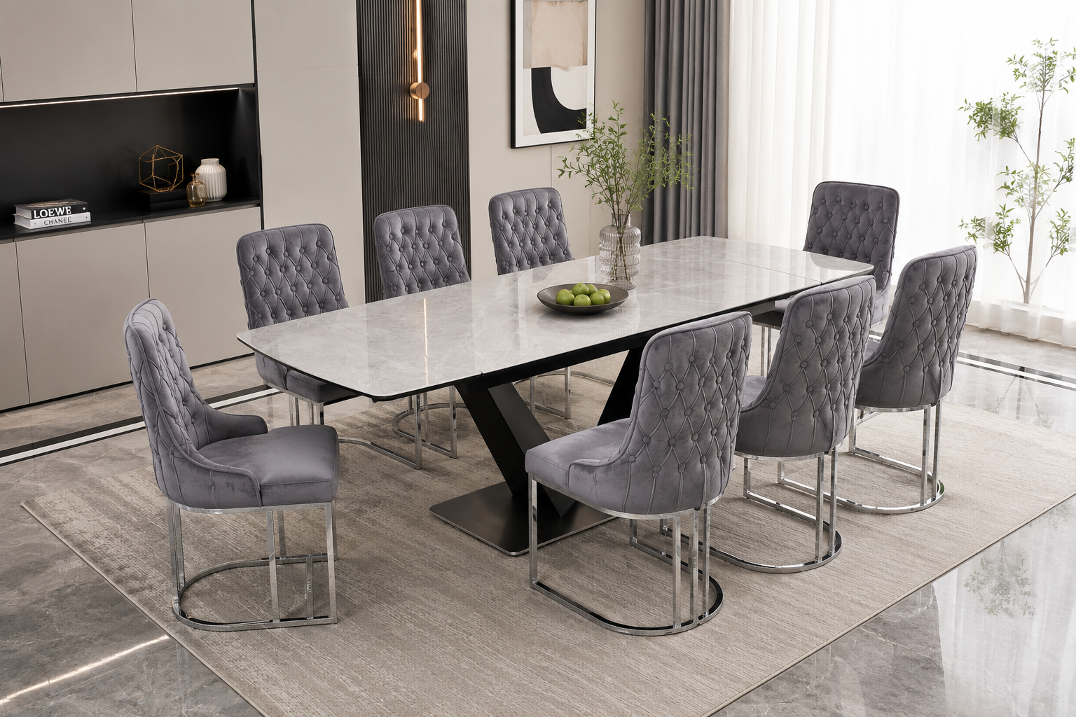 Q&P Furniture Lumia extendable dining table set with polished wood surface and adjustable length, shown with matching chairs.