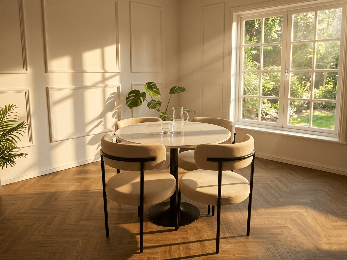 Beige and black Luxe velvet dining table by Q & P Furniture with sleek modern design and smooth surface.