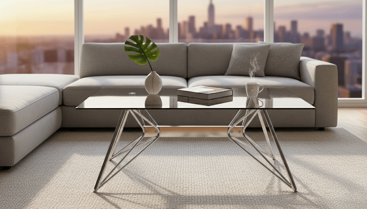 Q&P Furniture Leora coffee table with sleek wooden surface and modern design, shown in a living room setting.