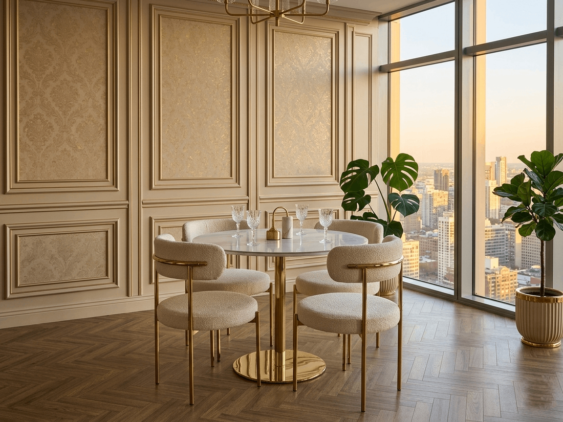 Gold Luxe dining table set by Q&P Furniture with a sleek tabletop and modern gold legs for elegant dining spaces.