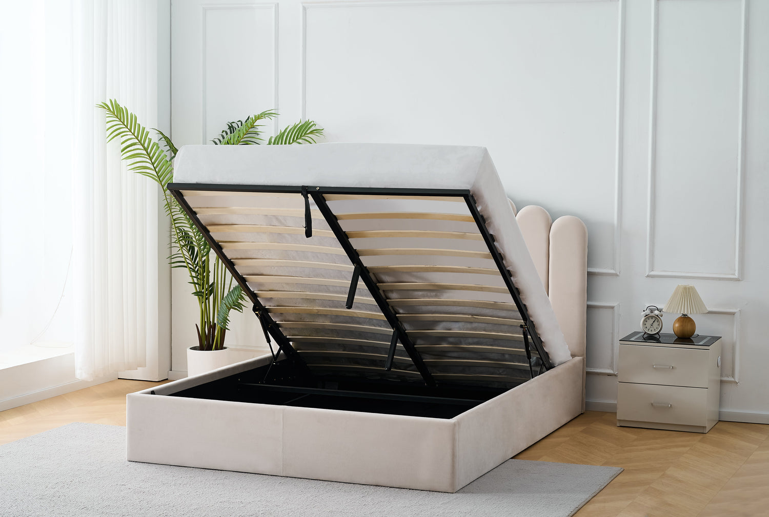 Q&P Furniture Crown Bed with Storage,
Crown bed with storage solutions,
Luxury bed with built-in storage,
Space-saving storage bed,
Elegant storage bed for modern bedrooms