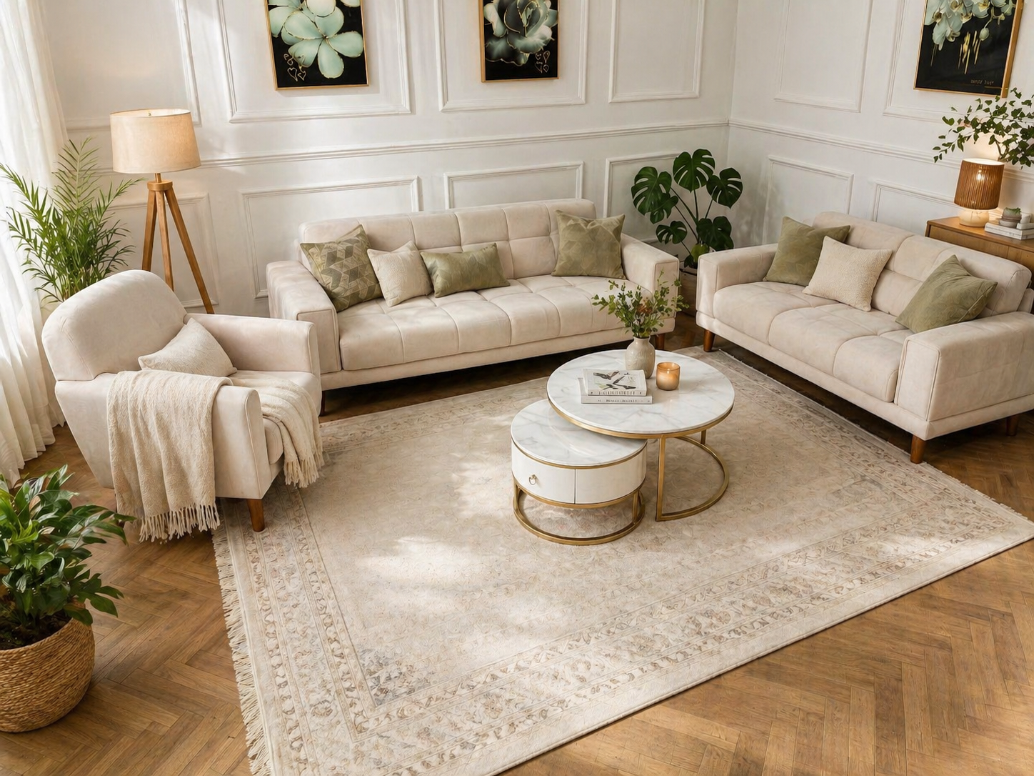 Q&P Furniture Flora velvet sofa set with plush cushions and modern design, featuring a spacious seating arrangement.