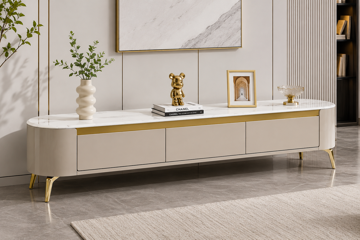 Elora 200cm TV Unit – Light Cream, White Marble Top & Gold