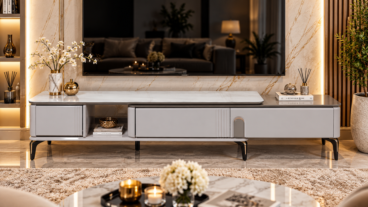 Elvani Extendable TV Unit – White Marble & Taupe | Model 7985