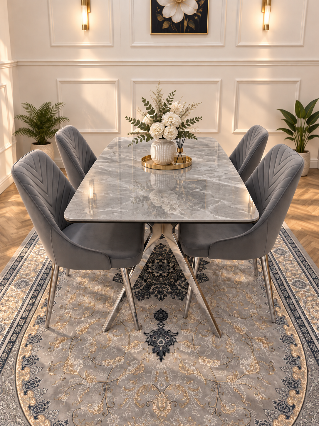 Savello Luxury Grey Marble-Effect Dining Set – 4 or 6 Beige or Grey Chairs