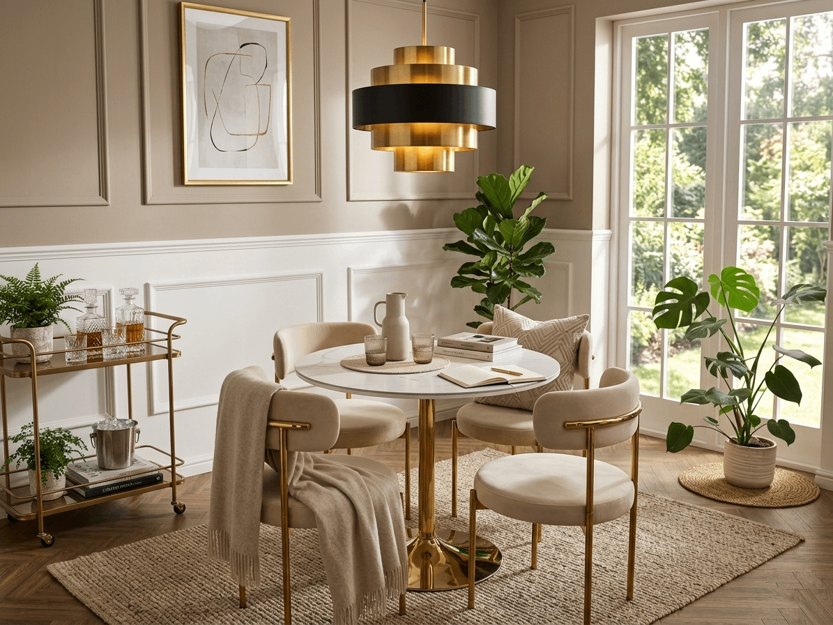 Q & P Furniture luxe beige velvet dining table with gold accents, showcasing elegant design and polished surface.