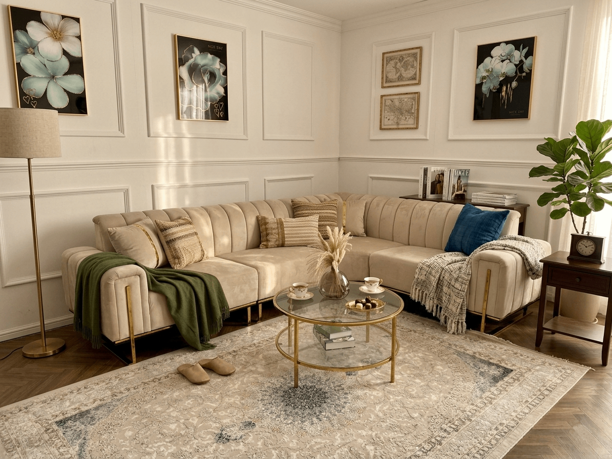 Q&P Furniture New London corner sofa with plush cushions and modern design, shown in a stylish living room setting.