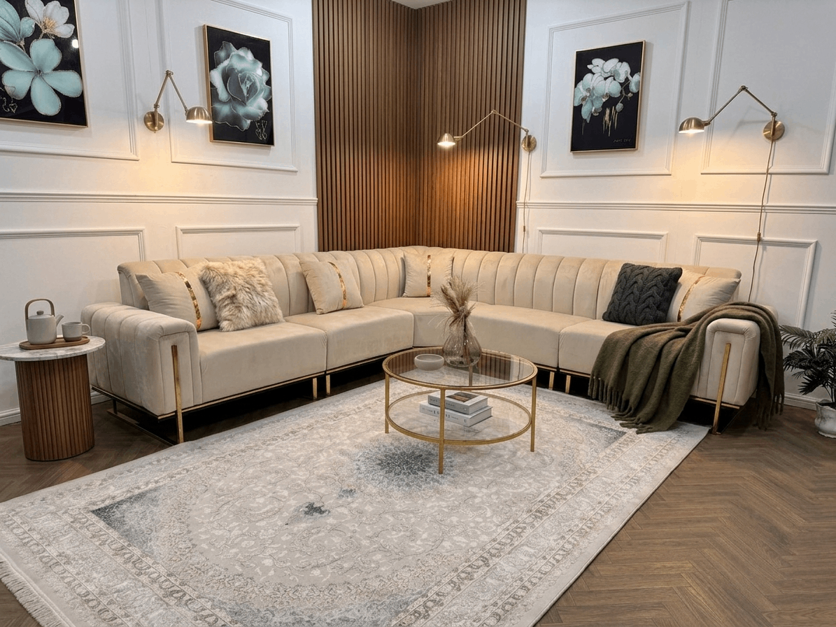 Q&P Furniture New London corner sofa with plush cushions and modern design, shown in a cozy living room setting.