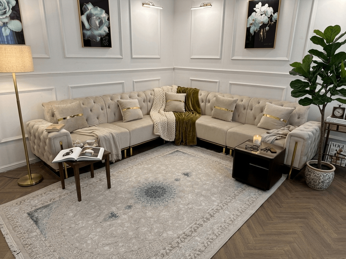 Q&P Furniture king corner sofa with plush cushions and modern design, shown in a spacious living room setting.
