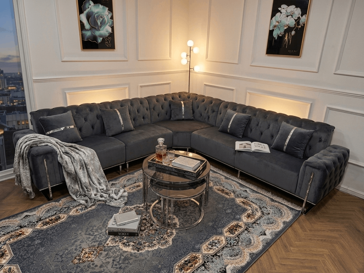 Q&P Furniture King Corner Sofa showcasing a spacious, plush L-shaped corner sofa with neutral fabric upholstery and comfortable cushions.