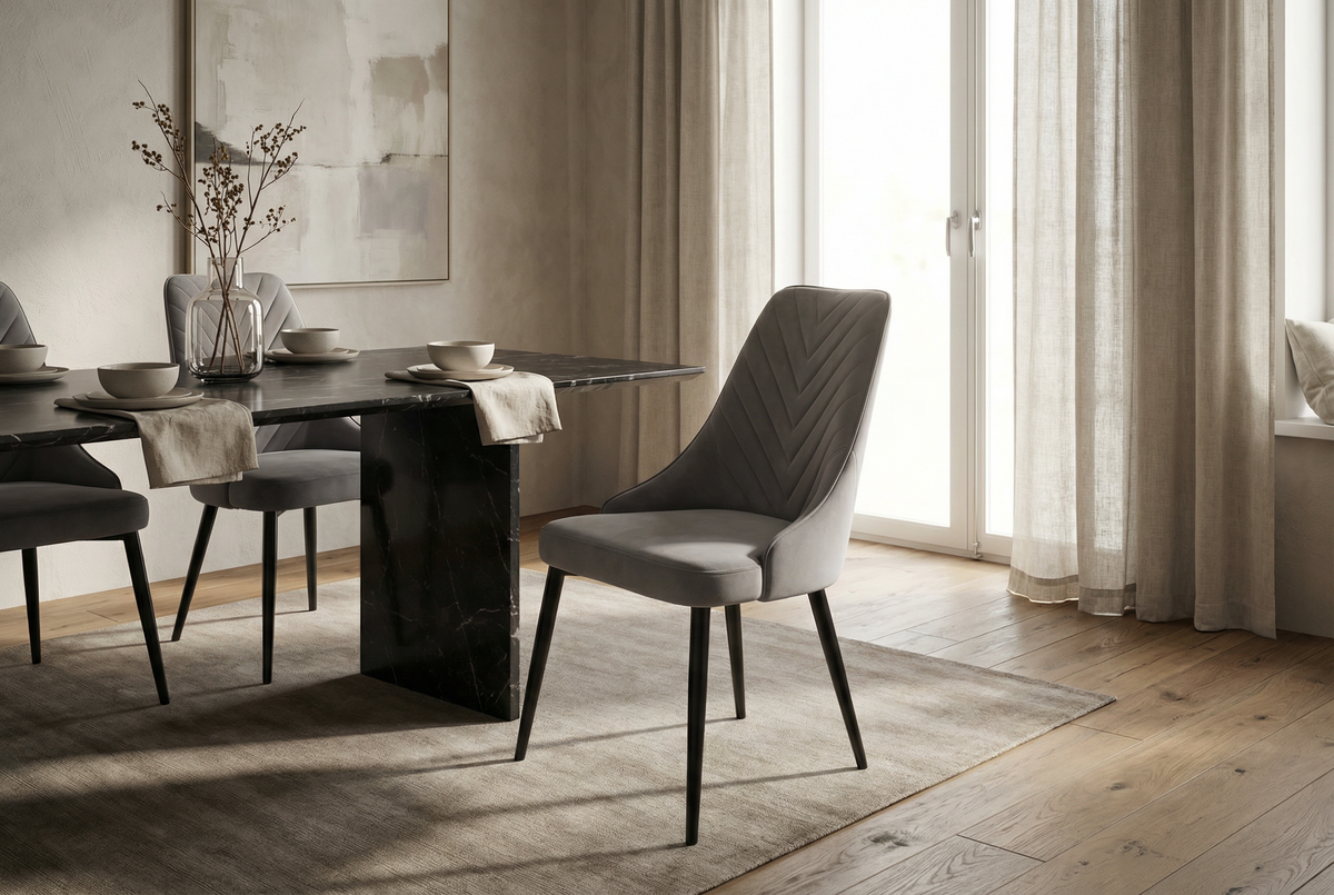 Bellaro Luxury Extendable Marble-Effect Dining Set – 6 or 8 Grey Chairs