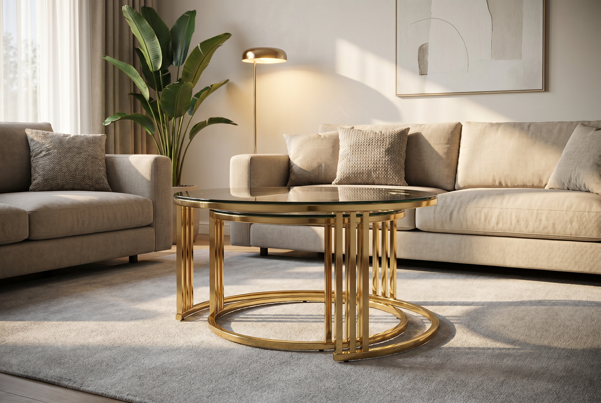 Luna 2-Piece Gold & Smoked Glass Nesting Coffee Table Set