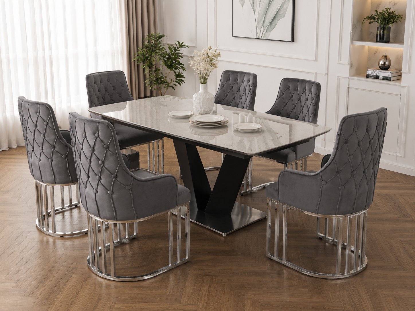 Q&P Furniture Lumia extendable dining table set with polished wood surface and sleek legs, ready for family meals.