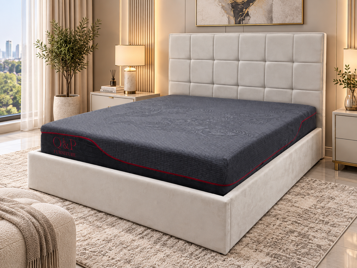 Velora Panel Upholstered Storage Bed – Modern Grey & Beige Bed with Hydraulic Lift
