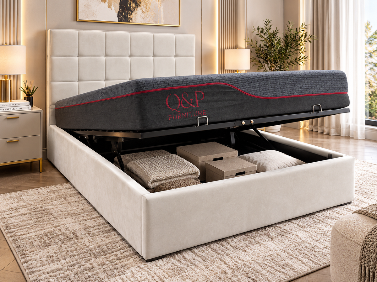 Velora Panel Upholstered Storage Bed – Modern Grey & Beige Bed with Hydraulic Lift