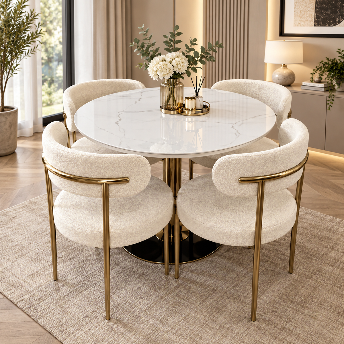 Gray Luxe Dining Table Set with Teddy Fabric Chairs – Gold