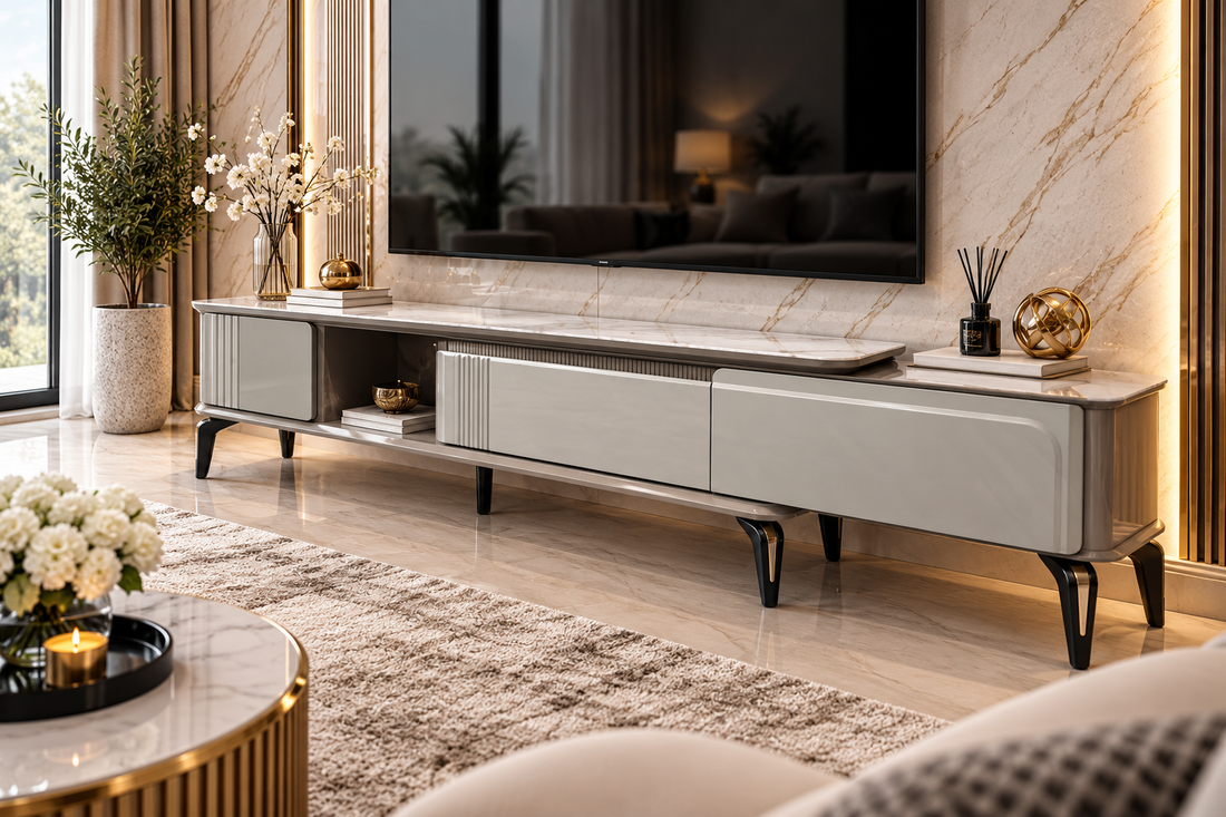 Kelvia Extendable TV Unit – Grey Marble & Silver