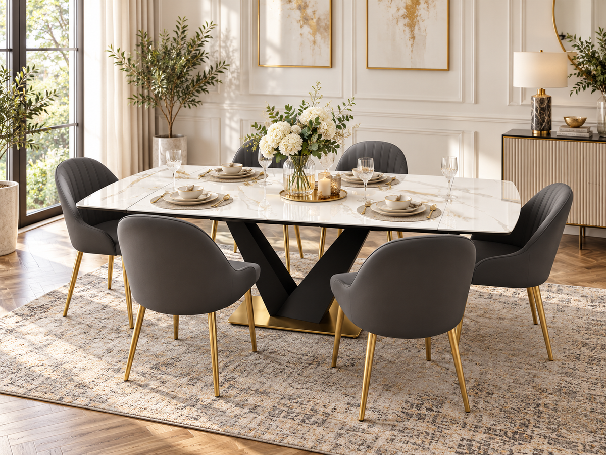 Elara Luxury Extendable Marble-Effect Dining Table Set