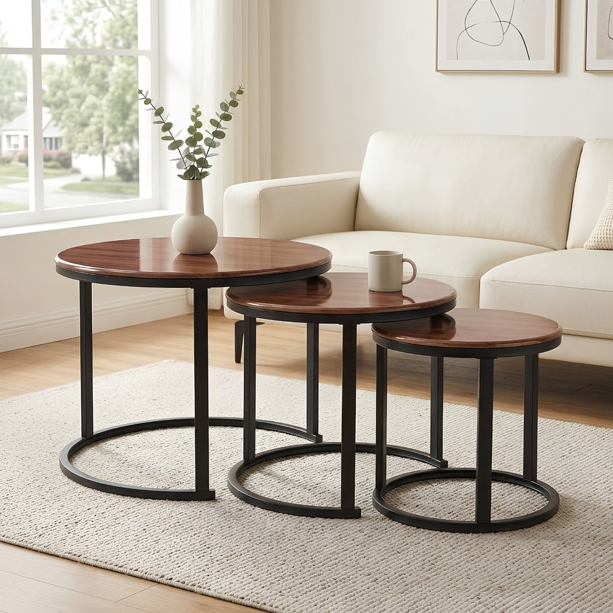Oslo 3-Piece Walnut-Effect Nesting Coffee Table Set – Matt Black