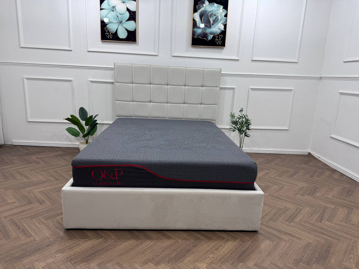 Velora Panel Upholstered Storage Bed – Modern Grey & Beige Bed with Hydraulic Lift