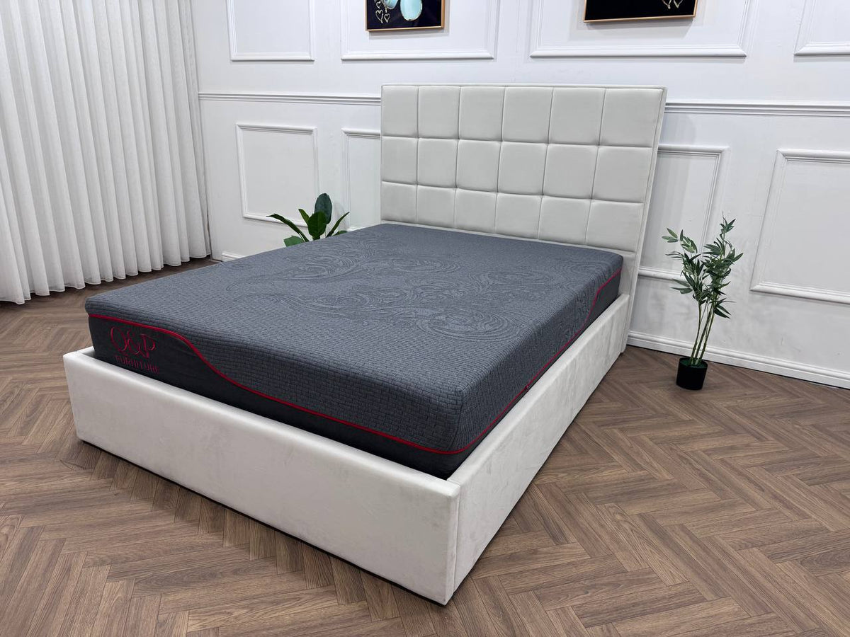 Velora Panel Upholstered Storage Bed – Modern Grey & Beige Bed with Hydraulic Lift