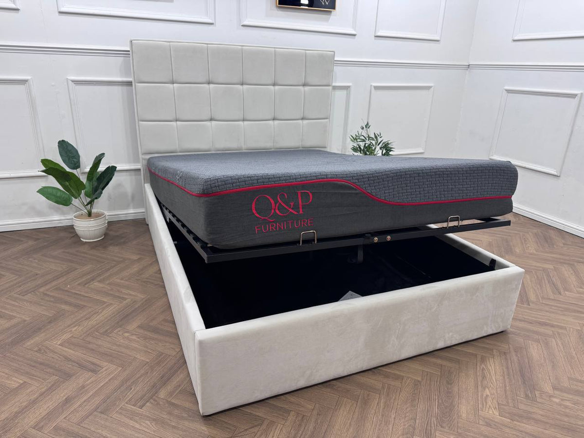 Velora Panel Upholstered Storage Bed – Modern Grey & Beige Bed with Hydraulic Lift