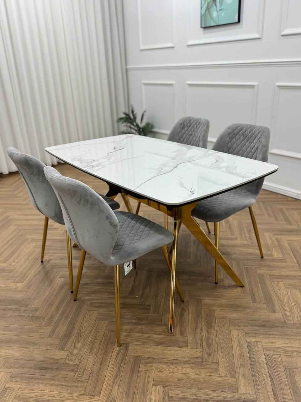Vero Dining Set White Marble Top & Gold Base with 6 L Grey Quilted Chairs