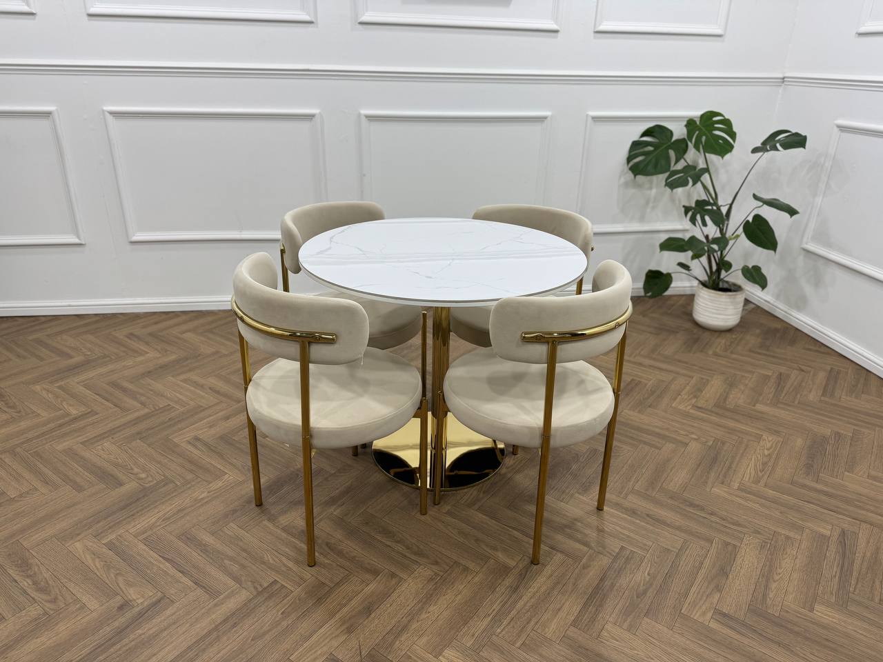LUXE DINING SET-VELVET-BEIGI-GOLD