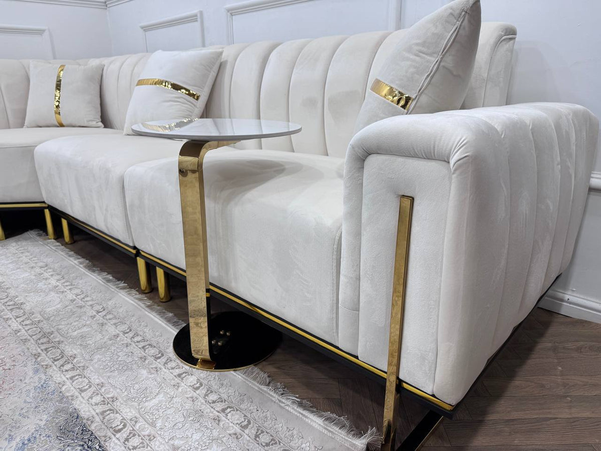 Vento C-Shaped Side Table – Round Marble Effect Top with Metal Base Sofa End Table