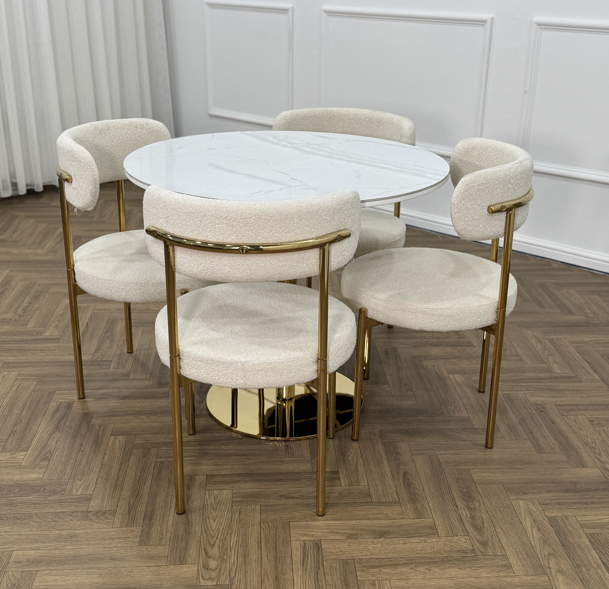 Q&P Furniture Luxe Gold Dining Table Set with sleek rectangular table and matching chairs, elegant and modern for dining rooms.