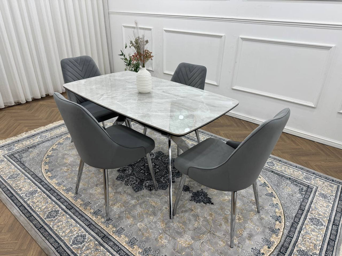 Savello Luxury Grey Marble-Effect Dining Set – 4 or 6 Beige or Grey Chairs