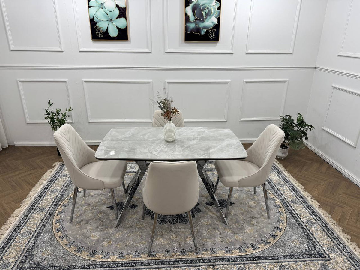 Savello Luxury Grey Marble-Effect Dining Set – 4 or 6 Beige or Grey Chairs