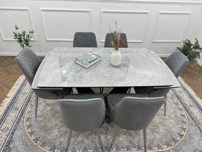 Roma Luxury Extendable Grey Marble-Effect Dining Table Set with 6 or 8 Grey Chairs