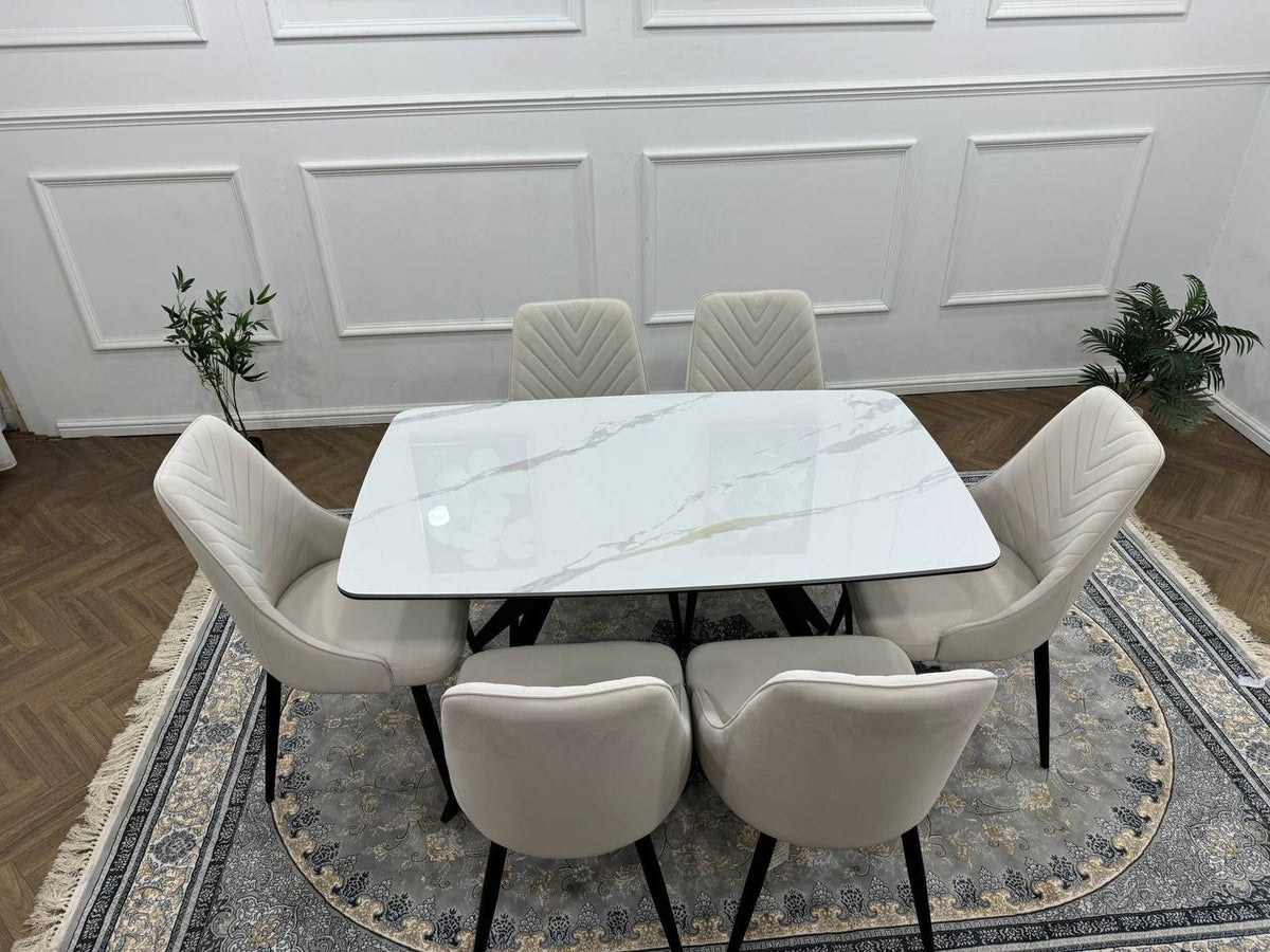 Rovella Luxury Marble-Effect Dining Set – 4 or 6 Grey Chairs